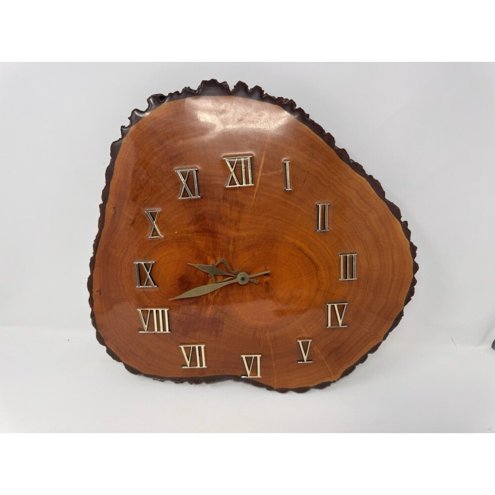 Vintage Live Edge Wood Slice Wall Clock Roman Numerals 15x16 Tested